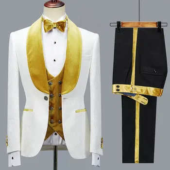 Elegantiški kostiumai vyrams Fashion Shawl Lapel One Button Jacquard Suit Party Prom Wedding Tuxedo Slim Fit 3 Piece(Blazer+Vest+Pants)