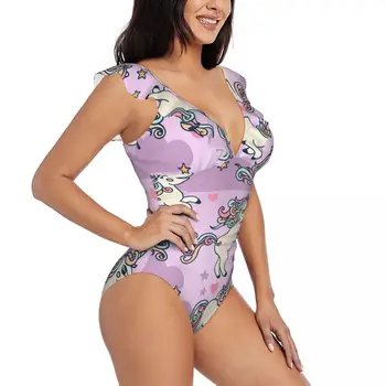 Ruffle 2023 Moterys seksualios vientisos maudymosi kostiumėlis Maudymosi kostiumėliai Moteriškas mielas vienaragis ir žvaigždės Rožinis atspaudas Monokini maudymosi kostiumas Paplūdimio apranga