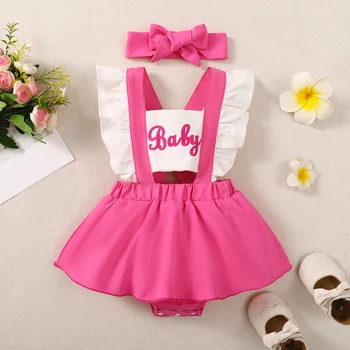 Baby/Toddler Summer Fashion Pink Creeper suknelė su plaukų aksesuarais