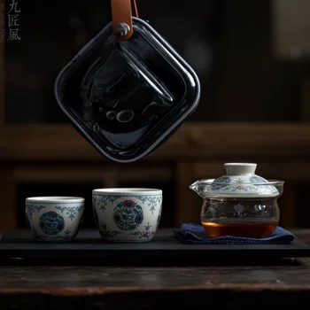 Retro mėlyna ir balta arbata, greitas klientų puodelis, Kung Fu dangtelio dubuo, arbatos virimo aparatas, nešiojama arbatos puodelių saugykla, mažas rinkinys