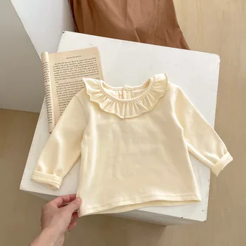 2023 Rudens nauji kūdikio marškinėliai ilgomis rankovėmis Mažylių mergaičių raukinys Lotoso apykaklė Apačia Marškiniai Medvilniniai kūdikių trišakiai Kietos laisvalaikio viršūnės