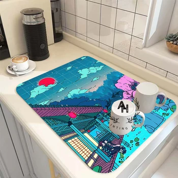 Japan Anime Print Drain Pad Super sugeriantis indų džiovinimo kilimėlis Greitai džiūstantis nusausinimo kilimėliai Vakarienės indai Placemat virtuvės vonios kilimėliai