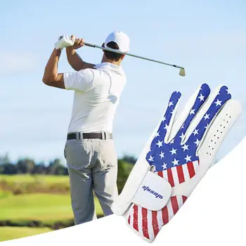 Vyriška golfo pirštinė Vyriška kairės rankos golfo pirštinė su reguliuojamu uždarymu Amerikos vėliavos raštas, atsparus dėvėti patriotiškai