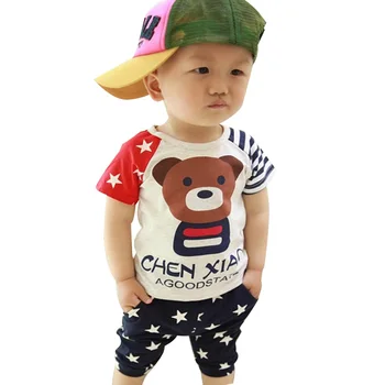 Hot 2015 Fashion Korean 100% medvilnė Vasarinis vieno komplekto drabužių komplektas 7-24 Mėnesiai drabužėlių kūdikiams / kūdikių berniukų rinkiniai