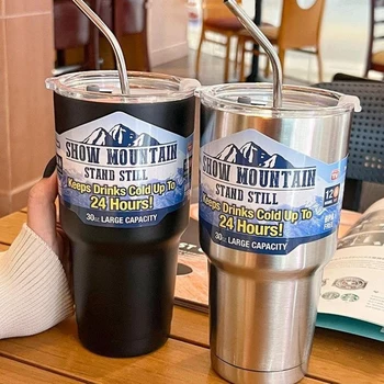 Magic Stainless Steel Freeze Thermos Cup with Straw Ice Coffee Drink Vakuuminis izoliuotas butelis Automobilio kelionės lauko kalnų puodelis