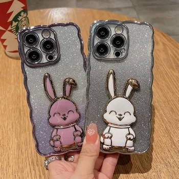 Rabbit Bunny Holder Bling Glitter Crystal Wavy Phone Case, iPhone 15,14,13,12,11 Pro Max,X,Xs Max,Xr,7,8 Plus galinis dangtelis