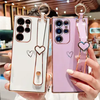 Wrist Strap Love Heart Phone Case, skirtas Samsung S22 Ultra S20FE S21FE A33 A53 A52 5G S21 S22 Plus smūgiams atspariam minkšto dengimo dangteliui
