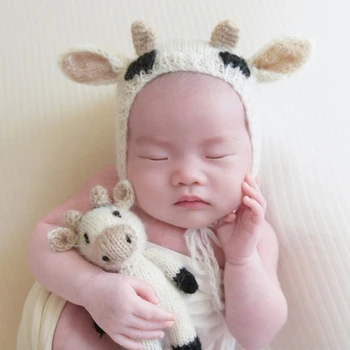 Naujagimio kepurė DOLL Megztos karvės ausinės Skullcap Baby Photo Toy Infant Acces
