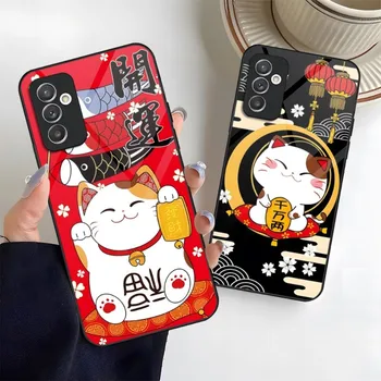 Maneki Neko Lucky Money Cat telefono dėklo stiklas Samsung A52 A51 A22 A12 A32 A72 S22 S23 S20 Ultra Note 20 10 Pro Plus dangtelis