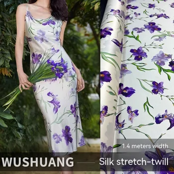 Stretch Twill audinys Šilkmedžio šilko medžiaga Pavasaris Ruduo Purpurinis gėlių raštas Dažyti marškiniai Suknelė Aptraukti audiniai prie matuoklio