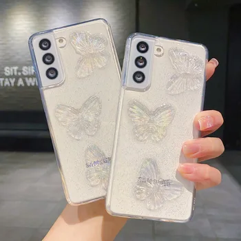 3D blizgučių kristalų drugelio skaidrumo telefono dėklas, skirtas Samsung Galaxy S22 Ultra Plus A33 A53 A73 minkštas silikoninis apsauginis dangtelis