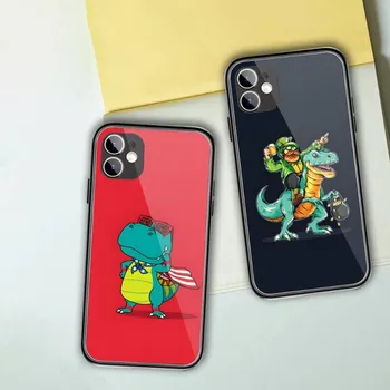 Cartoon Cute Dinosaur Phone Case, skirtas iPhone 14 13 12 11 XS X 8 7 6 Plus Mini Pro Max SE 2022 Juodas PC TPU stiklinis telefono dangtelis
