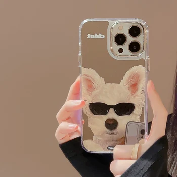 Mielas šuns veidrodinis telefono dėklas, skirtas iPhone 13 Pro Max dėklas, skirtas iPhone 11 14 12 Pro Max 14promax Lovely Animal Shockproof Cover Fundas