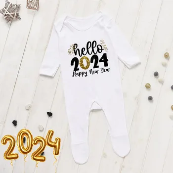Sveiki, 2024 m. laimingų Naujųjų metų babygrow Mano pirmasis Naujųjų metų kūdikio romperis Žiemos kūdikių miego kostiumas Naujųjų metų grįžimo namo apranga