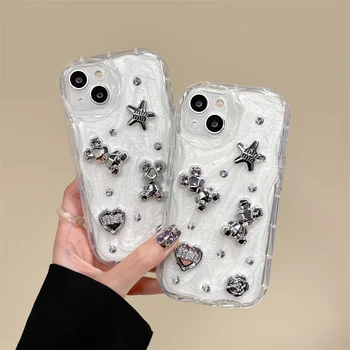 Mielas 3D sidabrinis lokys Bling Diamond Skaidrus telefono minkštas dėklas, skirtas iPhone 11 13 12 14 15 Pro Max Plus XR XS Max Korėjos animacinių filmų viršelis