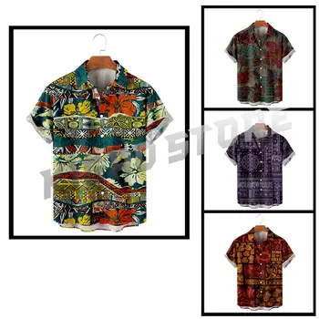 Casual Button Down Shirts For Men Hawaiian Vintage Patchwork Pattern Harajuku Turndown Outdoor Street marškinėliai trumpomis rankovėmis