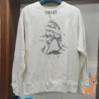 Japonų anime graffiti spausdinti megztinį tikra nuotrauka High Street Washed Make Old Casual Džemperis vyrams ir moterims