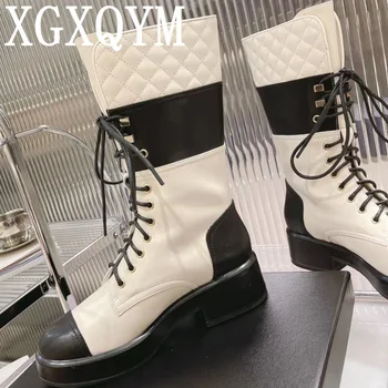 Fashion High Platform Thick Sole Ankle Boots Women Round Toe Buckle Lace Up Motocycle Boots Retro Combat Patchwork Botas Ladies