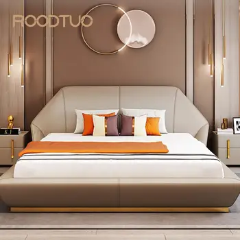 Individualizuota moderni lengva prabangi minimalistinė lova dvigulė lova su čiužiniu odinė lova miegamojo baldai karališko dydžio lova unikalaus dizaino