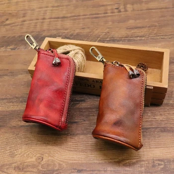 Vyriškas odinis raktų krepšys Raktų pakabuko laikiklis Fashion Retro Zipper Home Storage Bag Double Key Pack Car Key Bag for Man