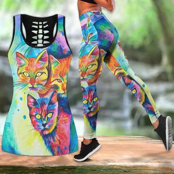 Vasaros mada Moterų jogos apranga Abstrakti spalvinga katės spauda Liemenė be rankovių Tanko viršus Antblauzdžiai Sportinis jogos kostiumas XS-8XL