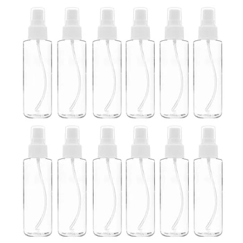 12 pakuotė Smulkaus rūko skaidrūs purškiami buteliukai 120 ml (4 oz) su pompos purškimo dangteliu, daugkartinio naudojimo ir pakartotinai užpildomi maži tušti plastikiniai buteliai