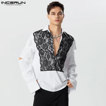amerikietiško stiliaus Nauji vyriški nėriniai Patchwork Marginti marškiniai Casual Fashion LargeLapel Palaidinė ilgomis rankovėmis S-5XL INCERUN Tops 2023