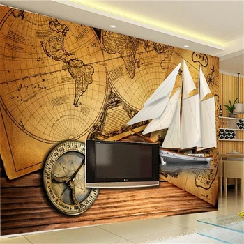 beibehang HD 3D pasaulio žemėlapis su laivų freskomis Europa TV fonas plytų tapetai svetainė miegamasis muralspapel de parede
