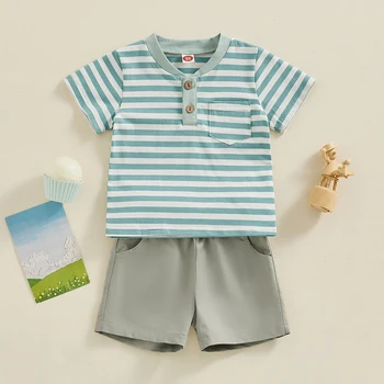 Kupretty Toddler Baby Boy Summer Clothes Retro Stripe Trumpomis rankovėmis marškinėliai Šortai 3 6 9 12 18 24 Month 2T drabužių komplektas
