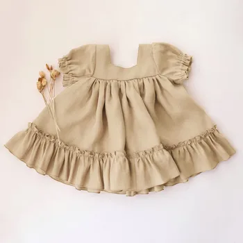 Baby Girls Medvilninė ir lininė suknelė Vasaros naujo stiliaus mygtukas Laisvalaikio laisvos suknelės kūdikiams Vaikiški drabužiai trumpomis rankovėmis