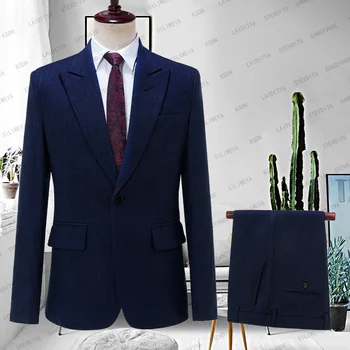 2023 Naujas stilius Klasikinis Navy Blue Chalk Stripe Peak Atlapel Wedding Tuxedos Vyriškas kostiumas Dviejų dalių oficialus verslo vyriškas švarkas Blazer