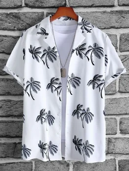 Havajų vyriški marškiniai trumpomis rankovėmis su kokoso medžio rašto raštu madingi ir kasdieniai marškiniai su atlapais prabangūs ir retro stiliaus