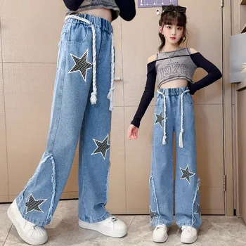 Rudens mergaičių džinsinės plačios kojinės Kelnės Mados žvaigždės spausdinimas Pavasaris Paauglių vaikai Mergaičių džinsai Nauji laisvalaikio drabužiai 5-14 metų