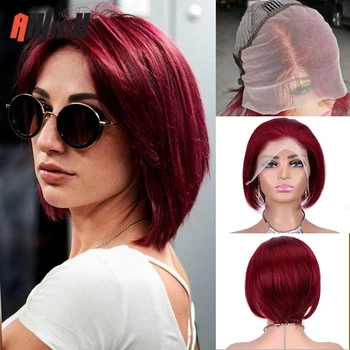 Tamsiai raudoni trumpi tiesūs Bobo perukai 100% Remy Žmogaus plaukų perukai juodaodėms moterims 13*4 HD Skaidrūs nėriniai priekyje Žmogaus plaukai kasdienei