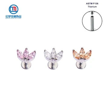 QM ASTM F136 Titanium Product Clover Inside Threaded Marquise Top Labret Lip Ring Tragus Body Piercing Jewelry