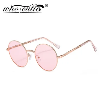 Fashion Round Chain akiniai nuo saulės Moterys 2024 Prekės ženklo dizaineris Vintage Retro Frame Pink Flat Top Saulės akiniai Lady Female Shades S046