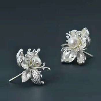 Trimatis dizainas naujas sidabru inkrustuotas perlų žiedas moteriški auskarai perdėti išskirtiniai vakarėlių papuošalų aksesuarai