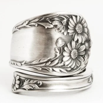 Fashion Retro Daisy žiedas, sidabro spalvos šaukšto žiedas, Daises gėlių žiedas, dovana, 5-osios vestuvės,