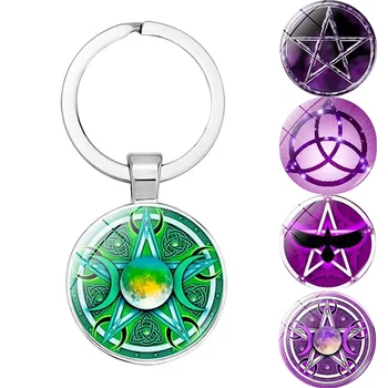 Classic Magic Star Purple Green Witch Dome Glass Keychain Metalinis raktų pakabukas Penkių smailių žvaigždžių pakabukas Raganavimo žavesio papuošalų dovana
