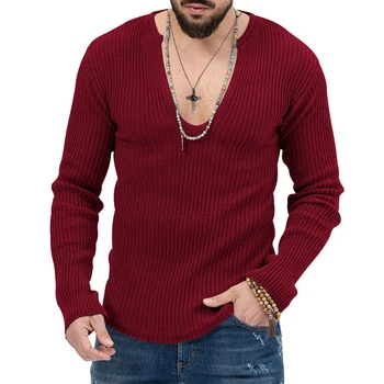 Laisvalaikis Vyriški megztiniai ilgomis rankovėmis Fall Vintage Slim Fit V Kaklo megzti marškinėliai vyrams Drabužiai Mada Vienspalviai megztos viršūnės