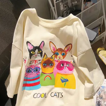 Ins Punk Goth Japan Style Kawaii Cats Cartoon Graphic Marškinėliai O-neck trumpomis rankovėmis Tops 2022 Summer Large 2XL Leisure Aesthetic