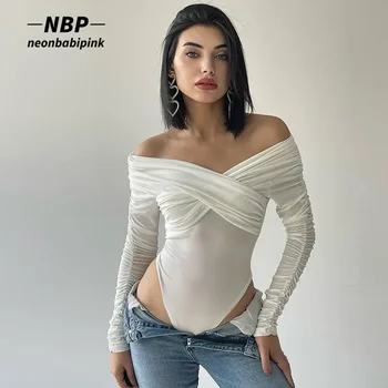 NEONBABIPINK Cross Ruched Off Shoulder Body suits Women Fashion Sexy Long Sleeve Tops Basics White Tees Fall Winter N85-CH24