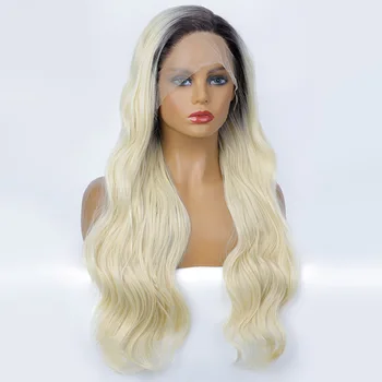 AISI HAIR Sintetinis nėrinių priekinis perukas moterims Long Wavy Ombre Blonde13*4 Nėrinių perukas kasdieniam Cosplay karščiui Atsparus pluošto plaukams