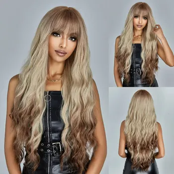 Ilgi sintetiniai perukai Ombre White Blonde to Brown Root Hair Wig with Bangs for Girls and Ladies Daily Party Cosplay Natural Use