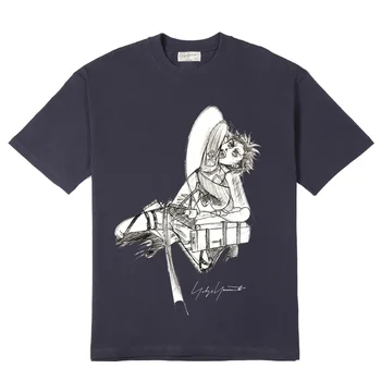 Yohji Yamamoto Vyriški medvilniniai marškinėliai Japoniškas vasaros eskizas Abstraktus jaunimo figūros atspaudas Trišakiai Atsitiktiniai apvalūs kaklai Trumpomis rankovėmis