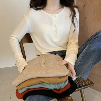Moteris Korėjiečių Harajuku Vintage Solid Loose Ilgomis rankovėmis marškinėliai Moteriški marškinėliai Tops Japanese Ladies Ulzzang Drabužiai Moterims