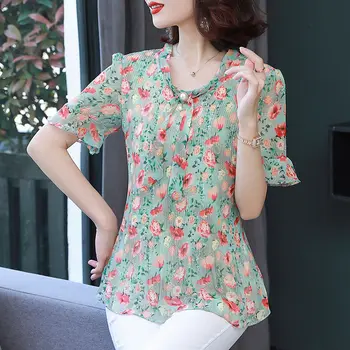 2023 Moteriški drabužiai Gėlių paprastumas Elegantiški ploni vasaros marškinėliai Korėjos mada Plonas margumas O-kaklo megztiniai trumpomis rankovėmis