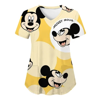 marškinėliai V kaklas Vasaros moters drabužiai Kišeniniai marškiniai Slaugytojo uniforma Tops ligoninės marškinėliai Mickey Top Women 2023 Disney Minnie Mouse