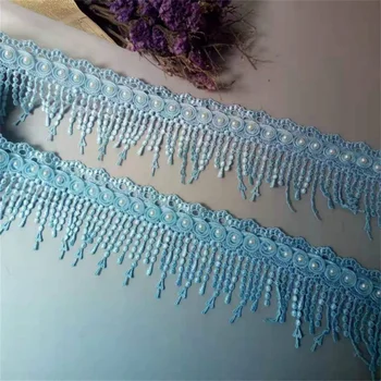 2 Kiemas Mėlyna blizgučių juostelė Gėlės Perlų nėrinių papuošimai Kaspinai Karoliukais Nėrinių audinys Siuvinėta siuvimo vestuvinė suknelė 8cm