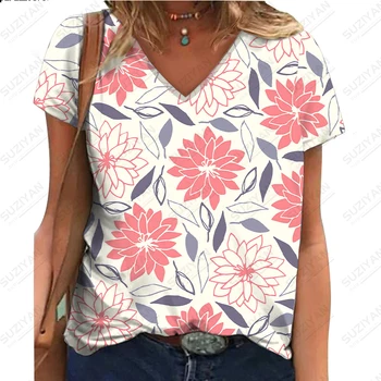 Summer hot pardavinėjami nauji moteriški marškinėliai trumpomis rankovėmis V formos kaklu Laisvi marginti gėlių viršus Gatvės kvėpuojantys ir patogūs marškinėliai